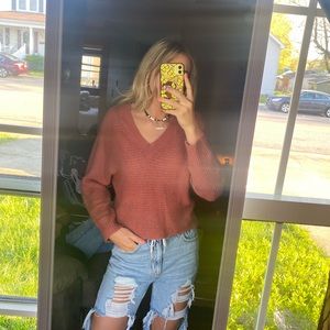 Burgundy Off the shoulder/V-neck Sweater